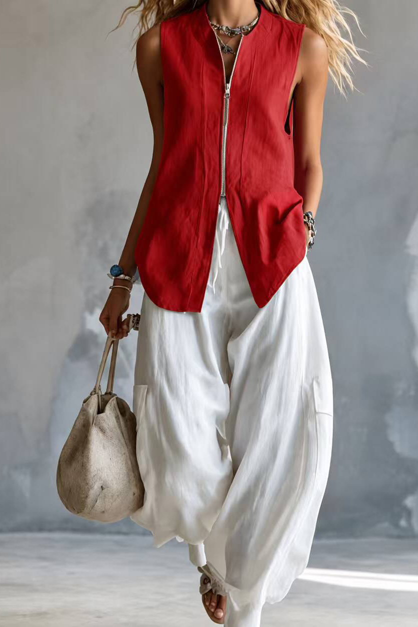 Linen Blend Zipper Front Sleeveless Vest Top and Pants Set
