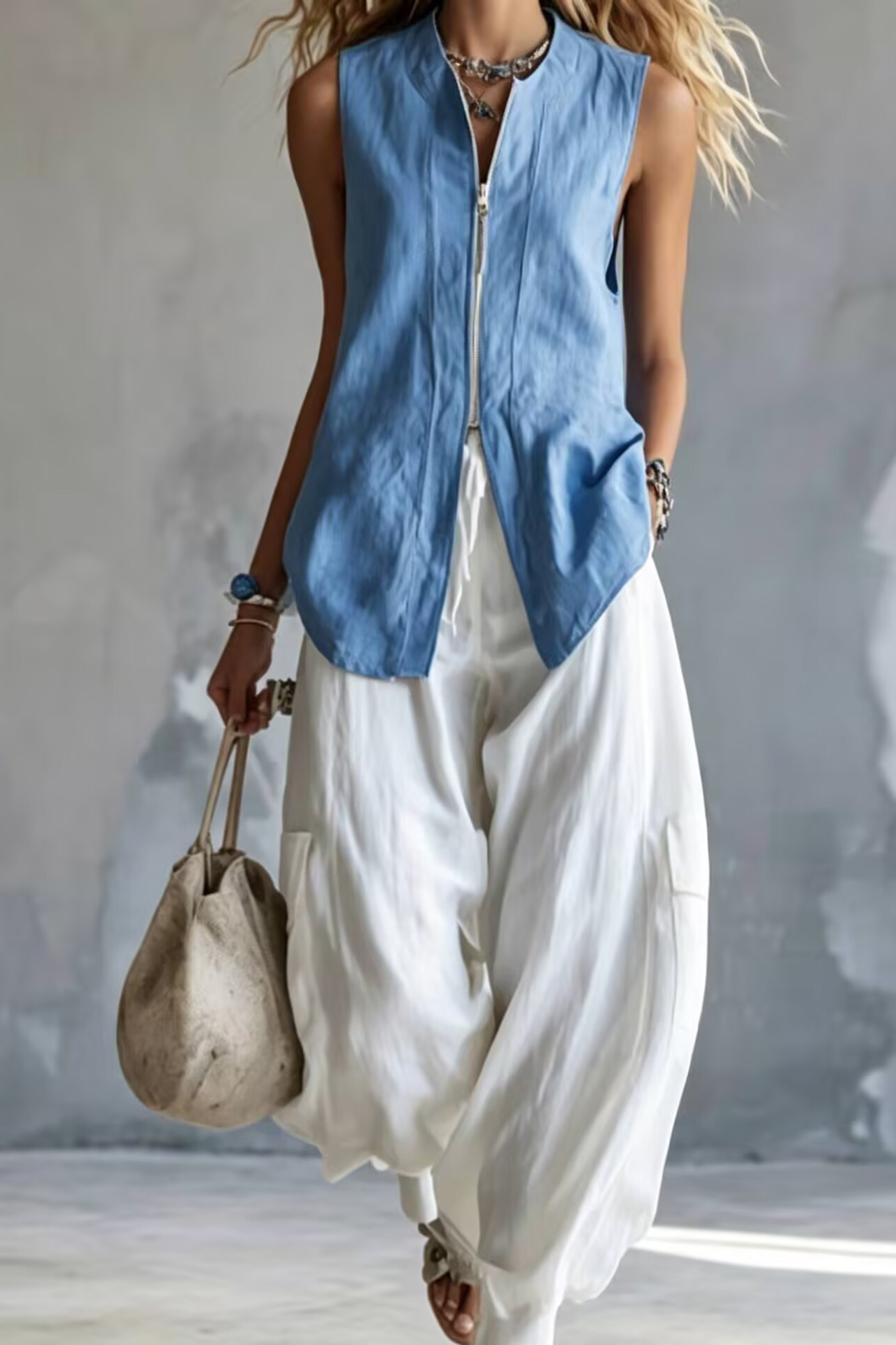Linen Blend Zipper Front Sleeveless Vest Top and Pants Set