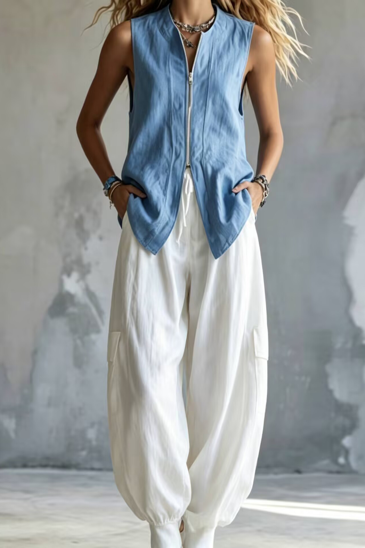 Linen Blend Zipper Front Sleeveless Vest Top and Pants Set