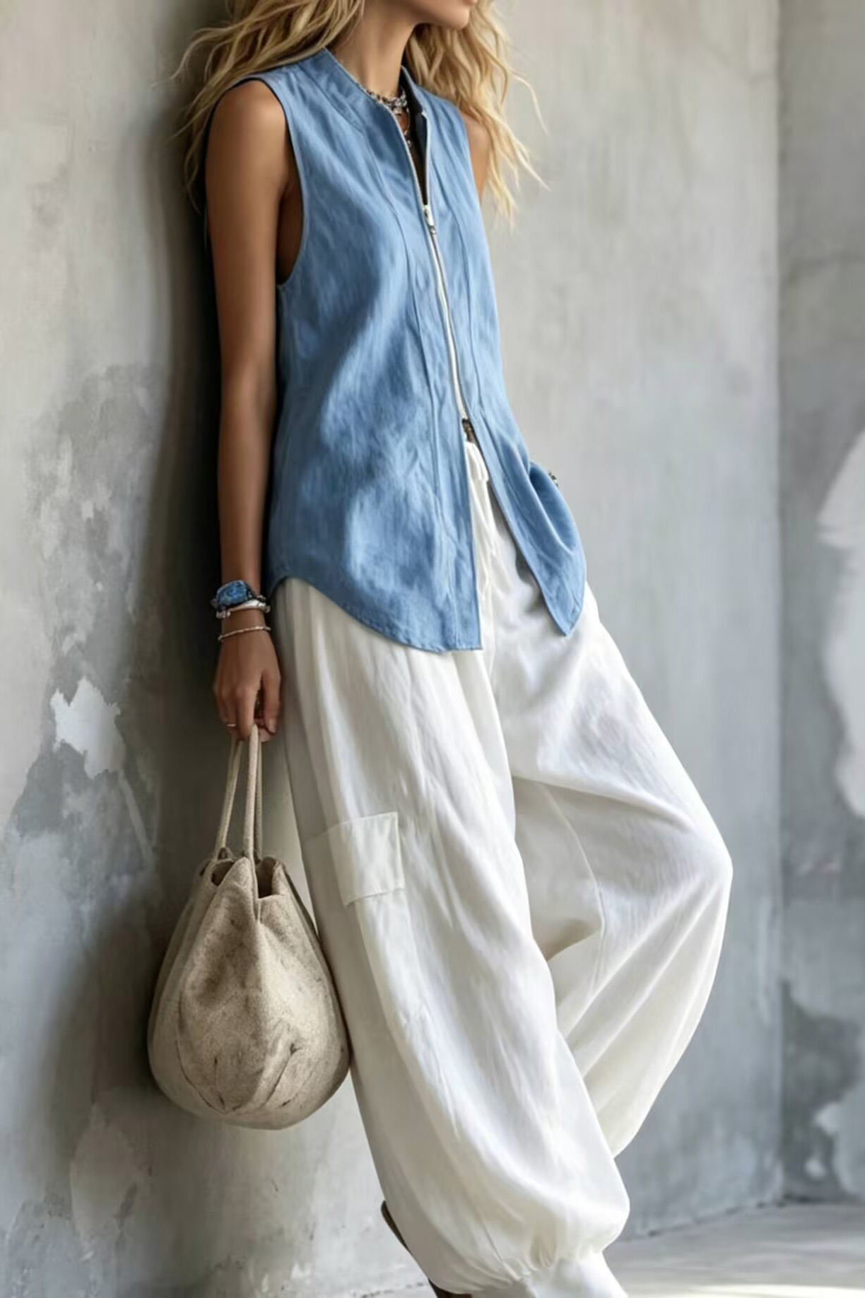 Linen Blend Zipper Front Sleeveless Vest Top and Pants Set