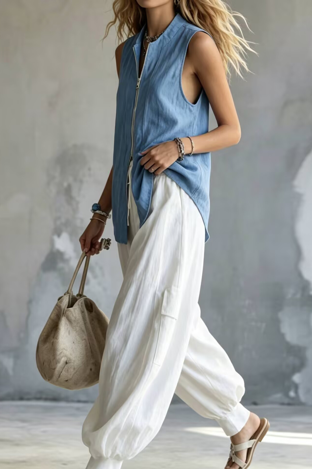 Linen Blend Zipper Front Sleeveless Vest Top and Pants Set