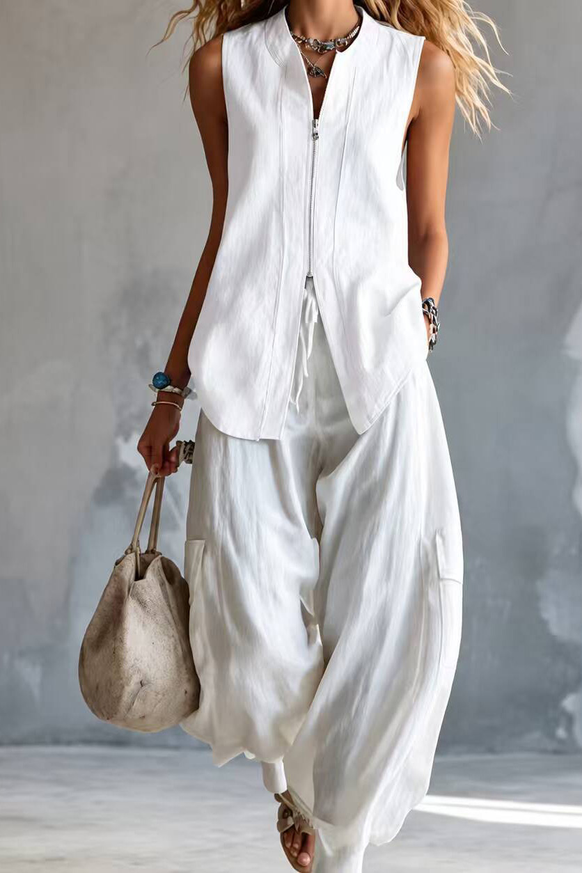 Linen Blend Zipper Front Sleeveless Vest Top and Pants Set