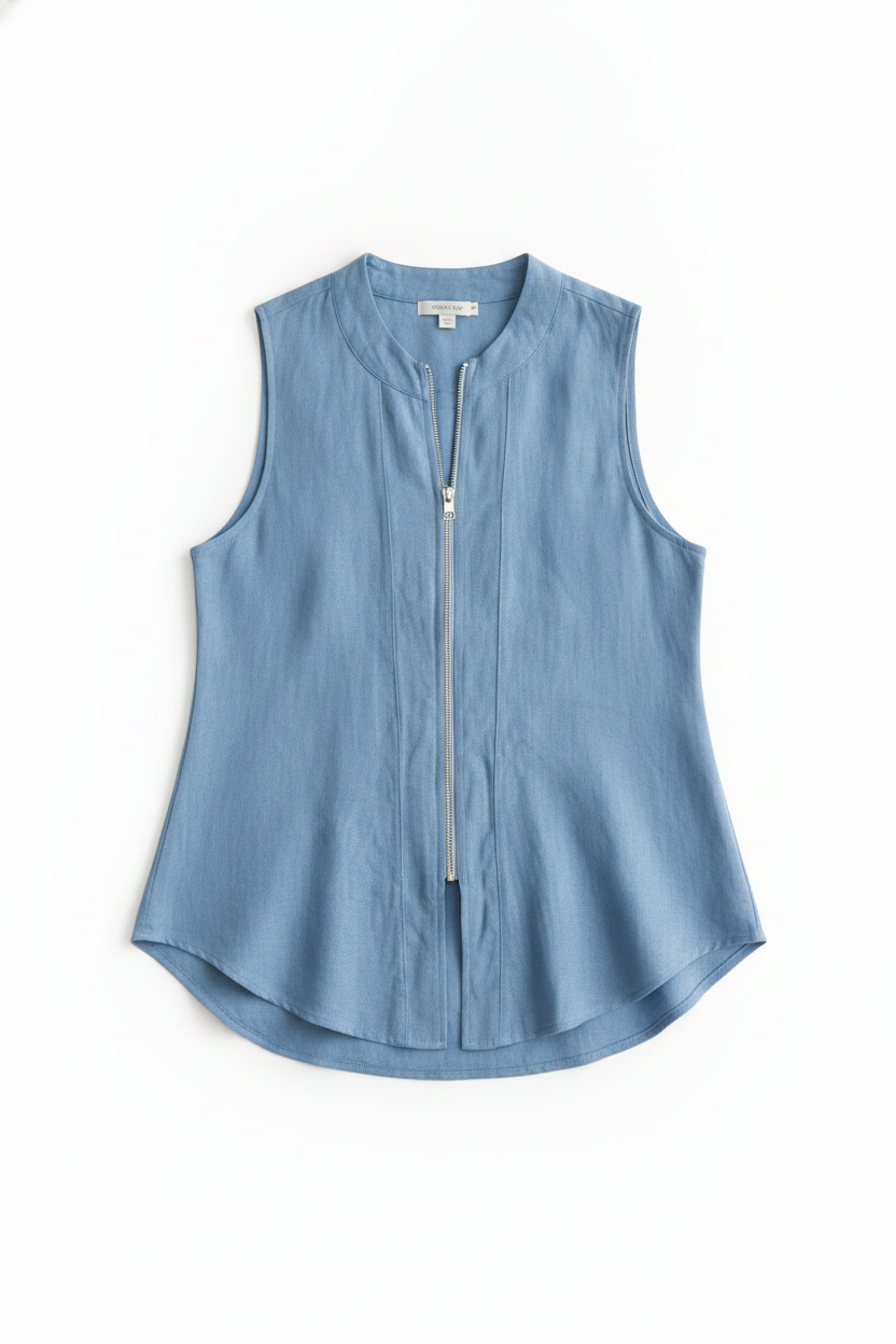 Linen Blend Zipper Front Sleeveless Vest Top and Pants Set