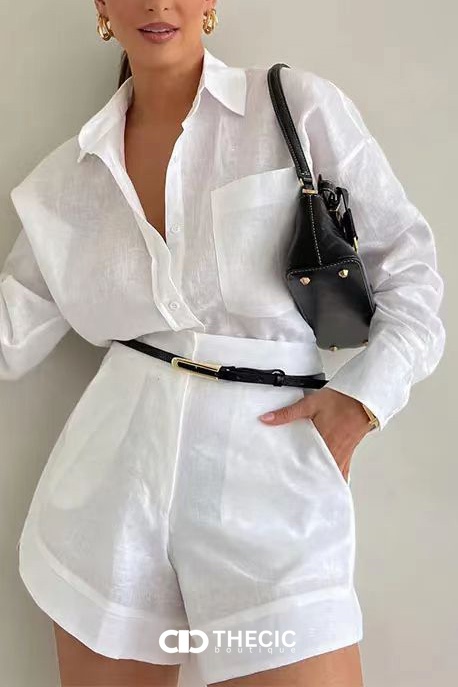 Linen Collared Button-Up Shirt and Shorts Set