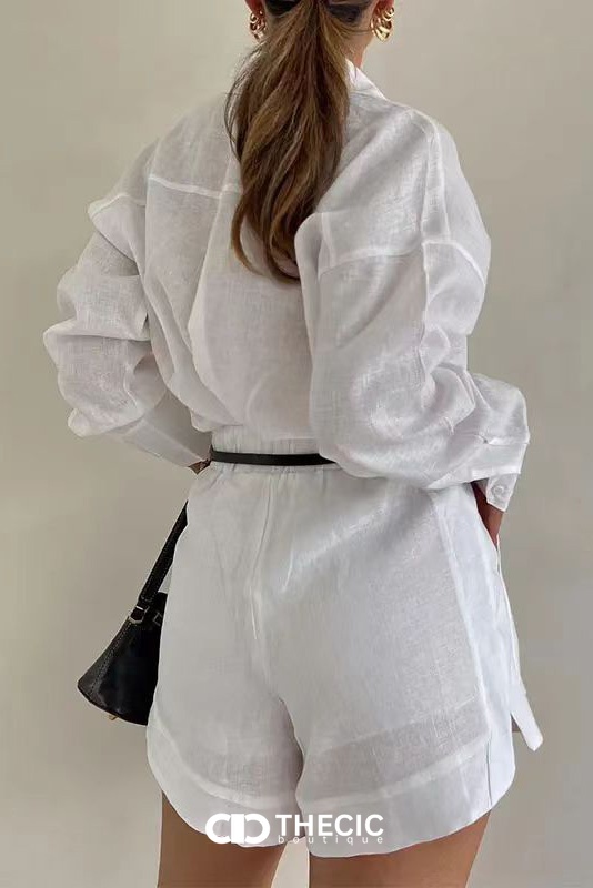 Linen Collared Button-Up Shirt and Shorts Set