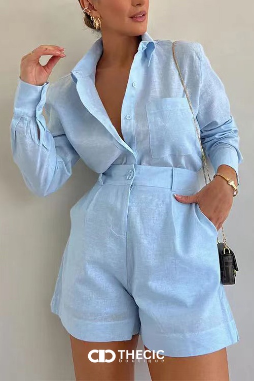 Linen Collared Button-Up Shirt and Shorts Set