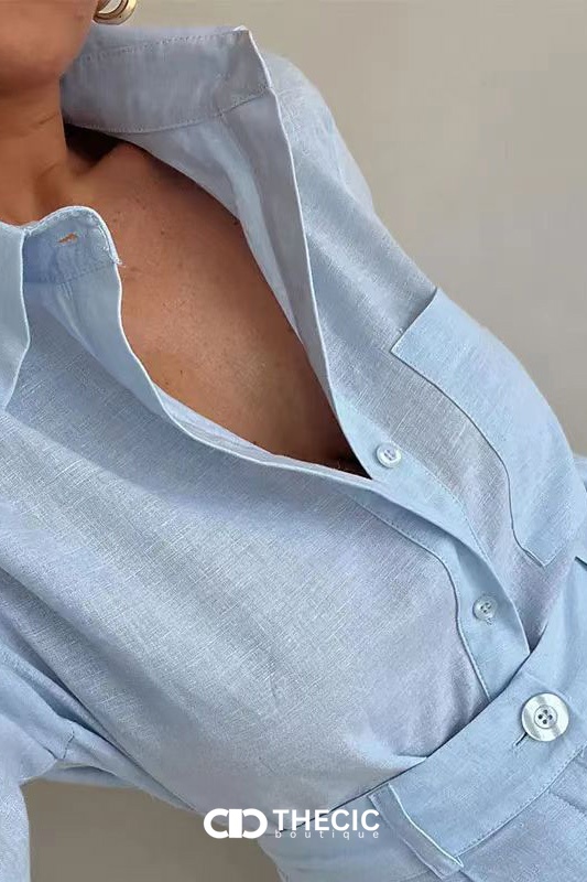 Linen Collared Button-Up Shirt and Shorts Set