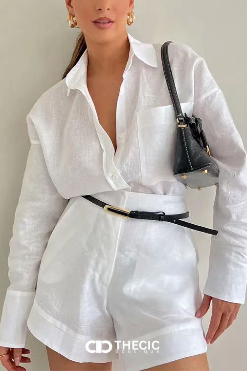 Linen Collared Button-Up Shirt and Shorts Set