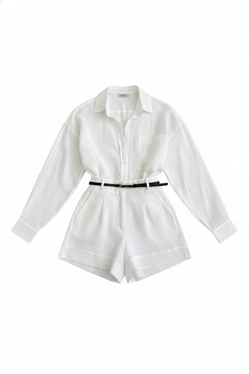 Linen Collared Button-Up Shirt and Shorts Set