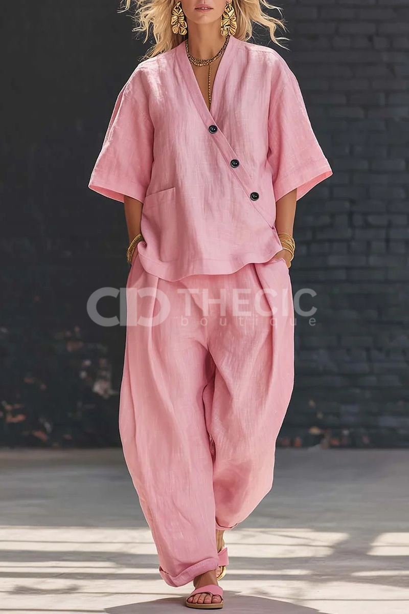 Linen V-Neck Wrap Top Wide-Leg Pants Two-Piece Set