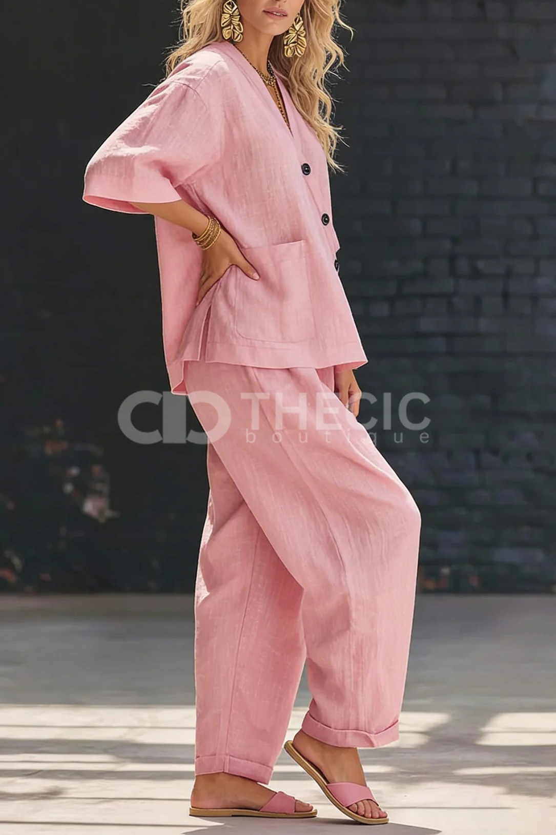 Linen V-Neck Wrap Top Wide-Leg Pants Two-Piece Set