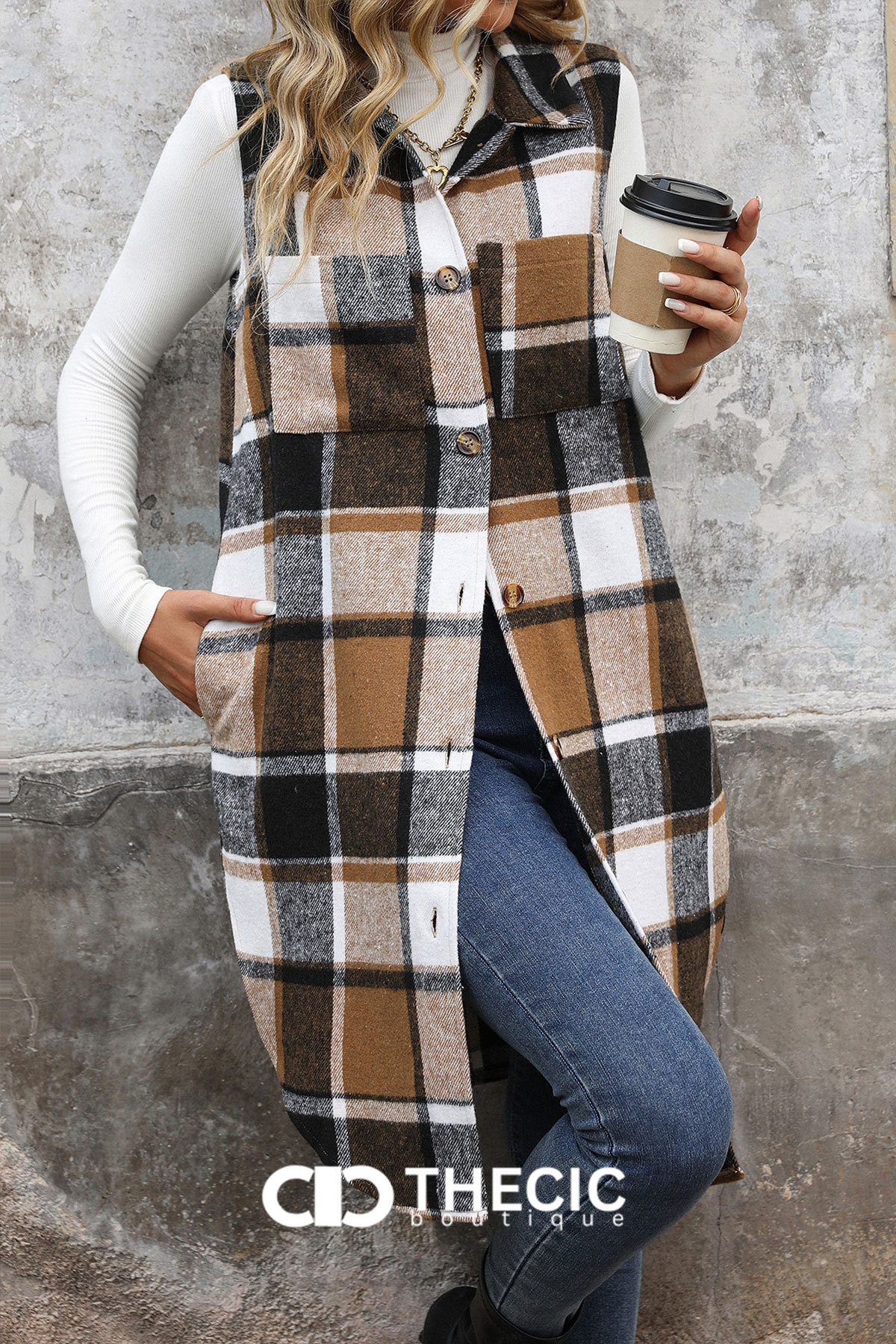 Long Plaid Button-Front Sleeveless Vest