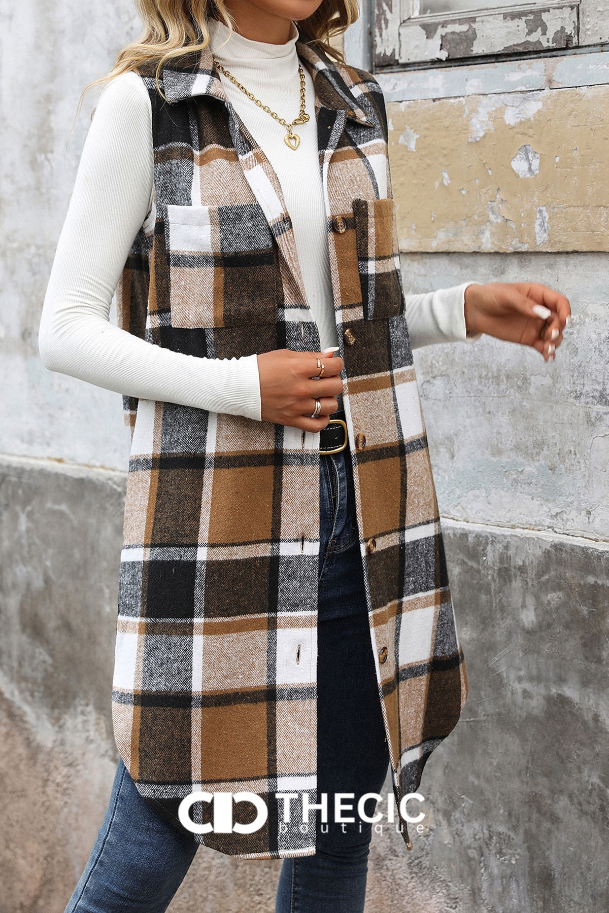 Long Plaid Button-Front Sleeveless Vest