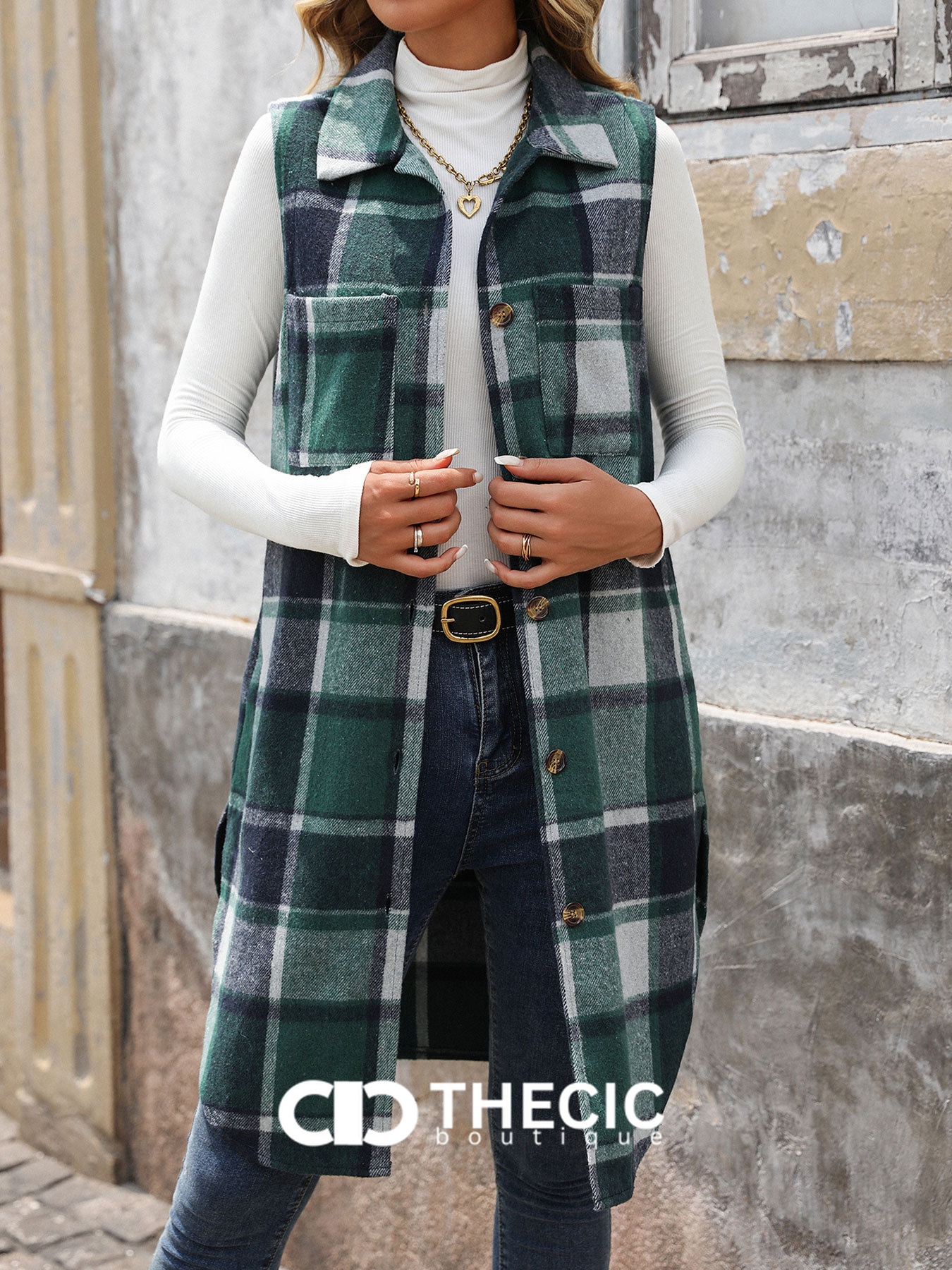 Long Plaid Button-Front Sleeveless Vest