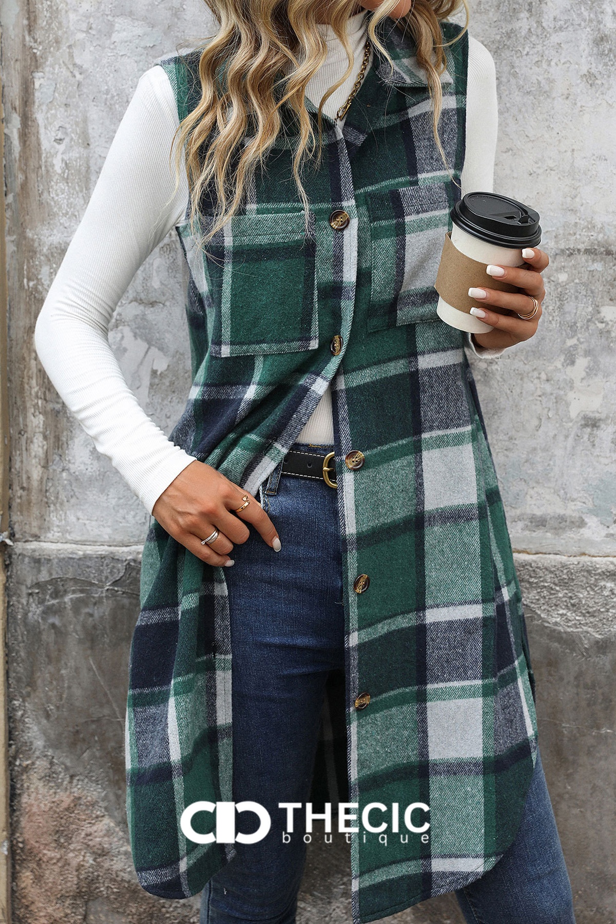 Long Plaid Button-Front Sleeveless Vest
