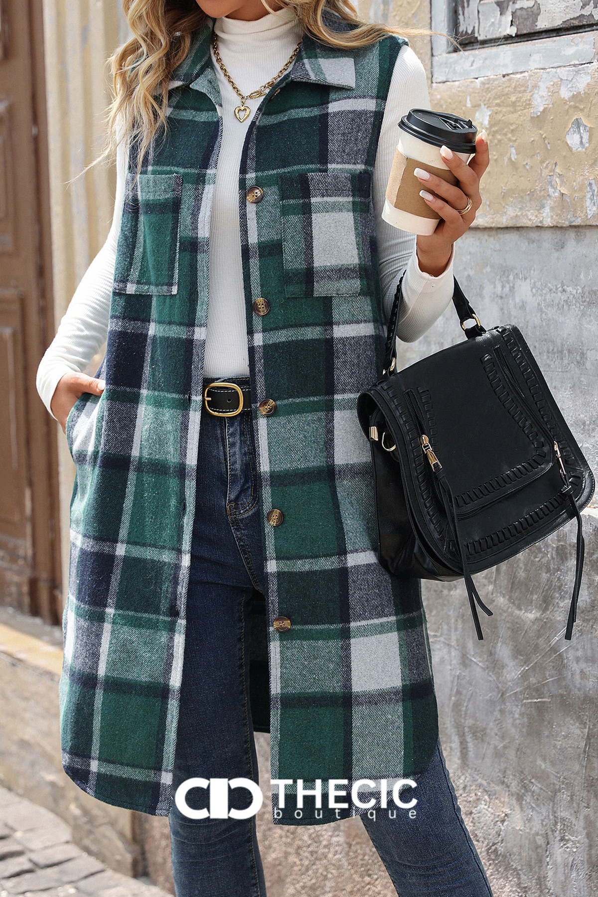 Long Plaid Button-Front Sleeveless Vest