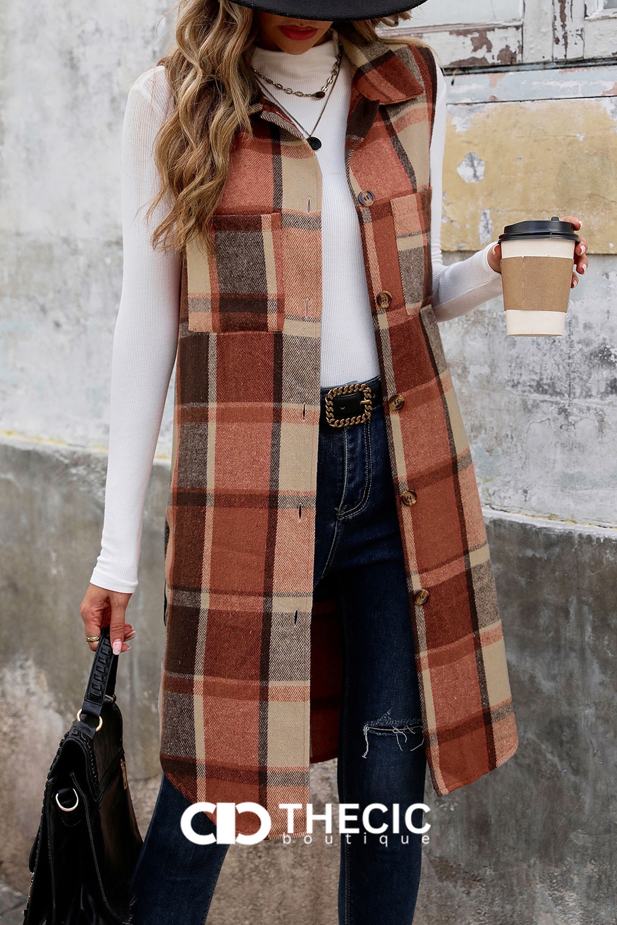 Long Plaid Button-Front Sleeveless Vest