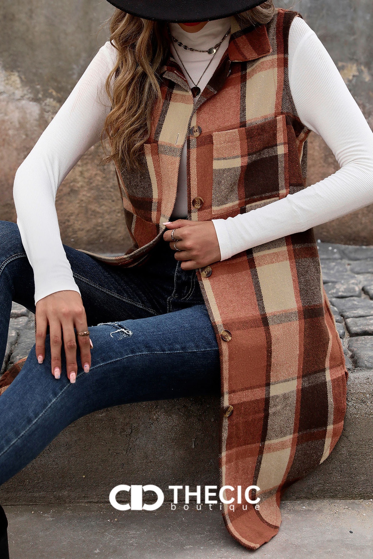 Long Plaid Button-Front Sleeveless Vest