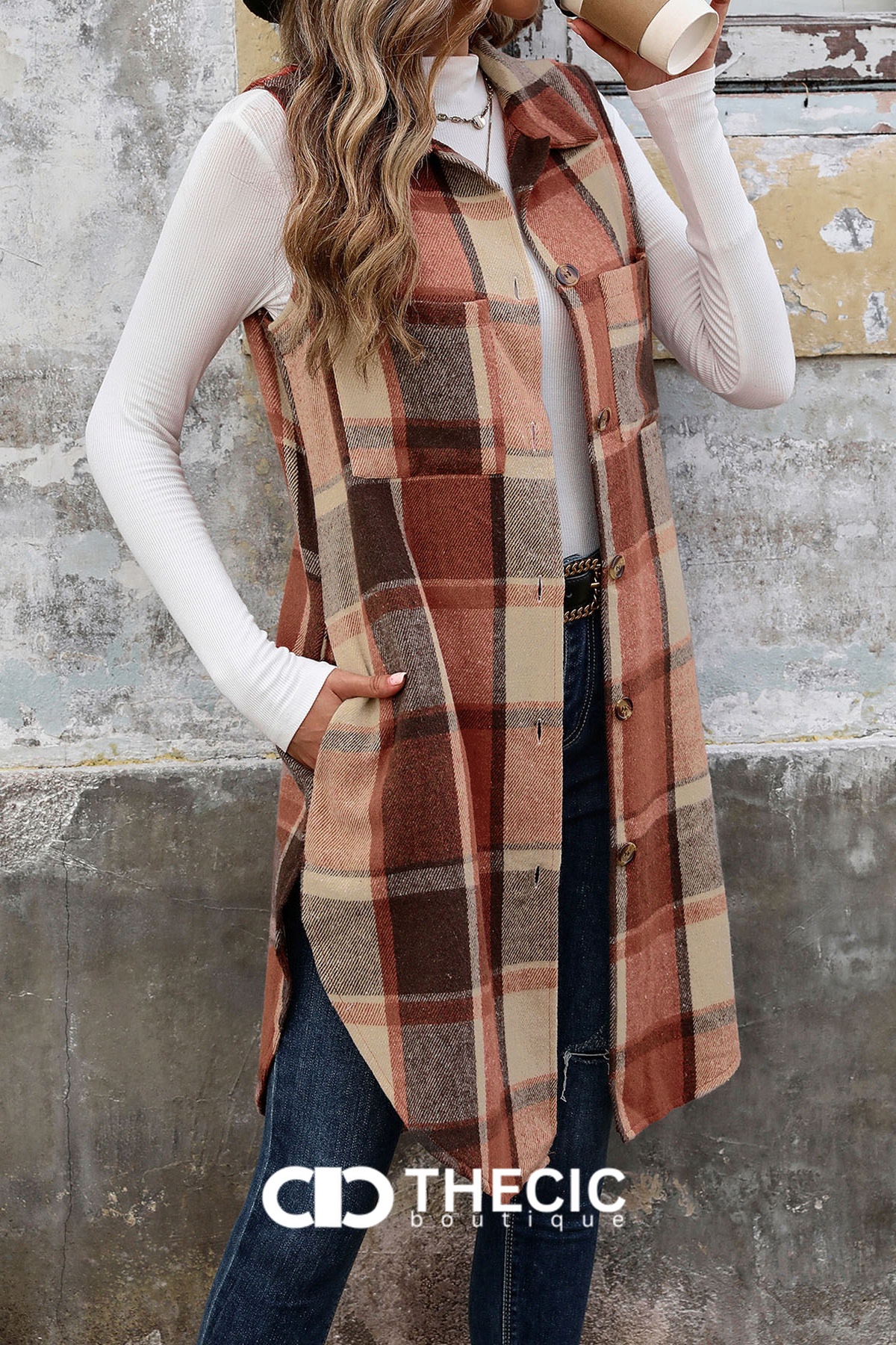 Long Plaid Button-Front Sleeveless Vest