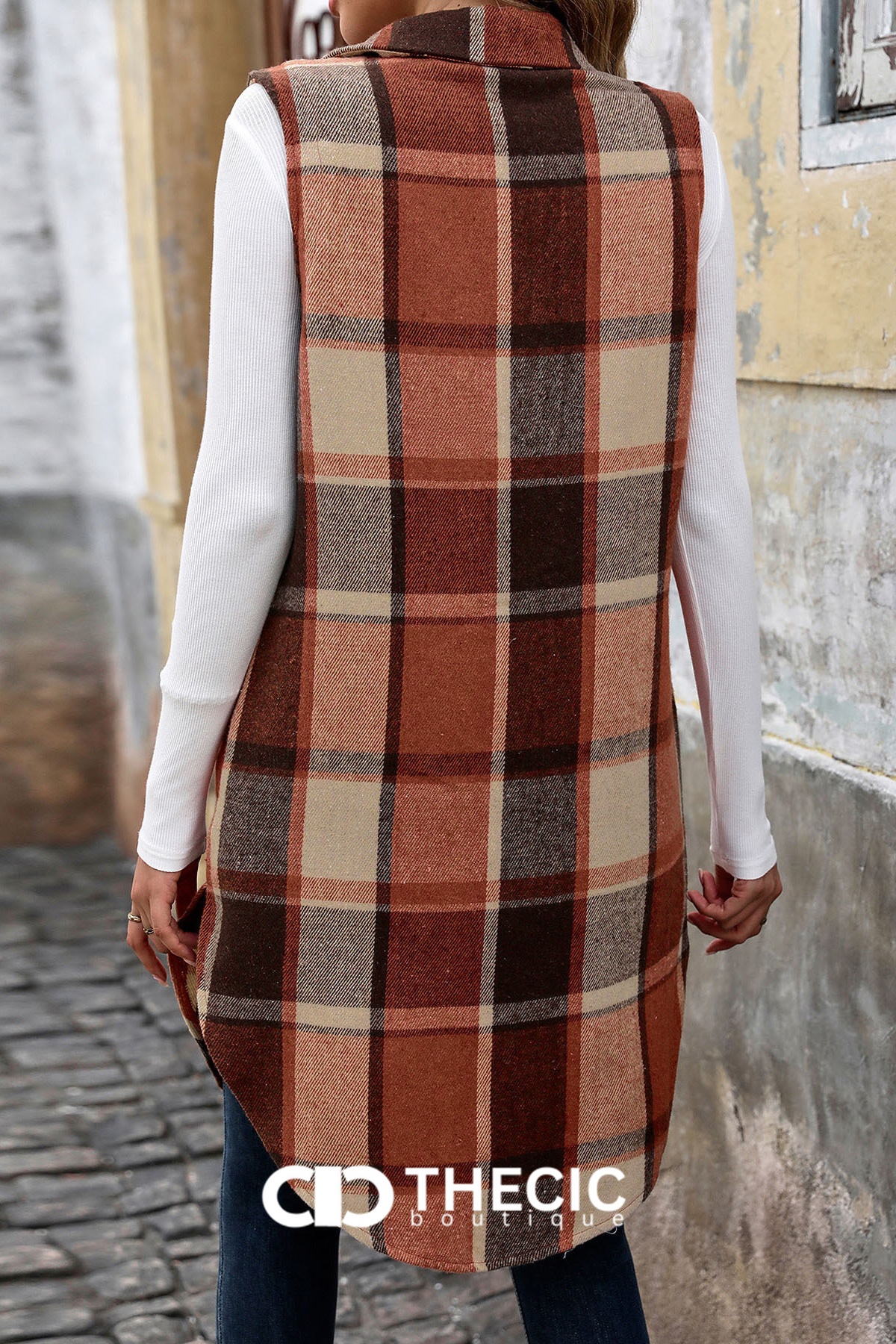 Long Plaid Button-Front Sleeveless Vest