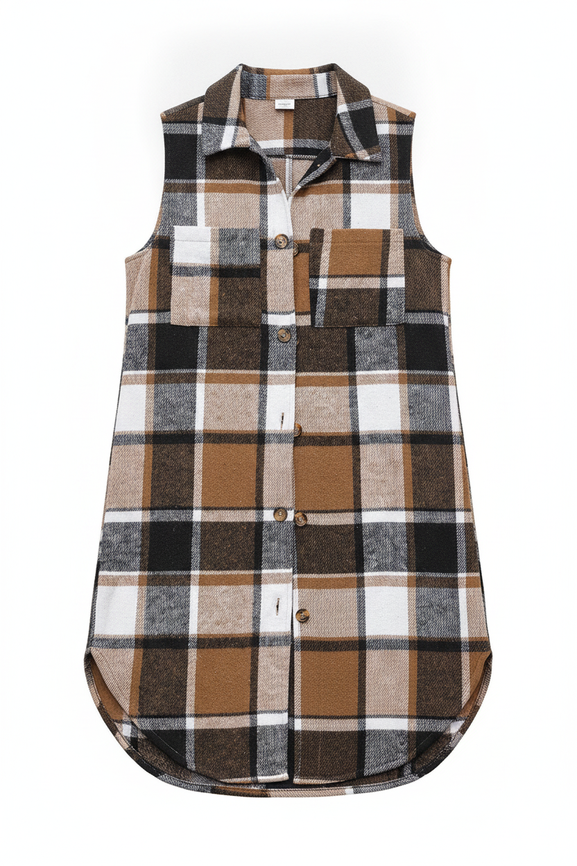 Long Plaid Button-Front Sleeveless Vest