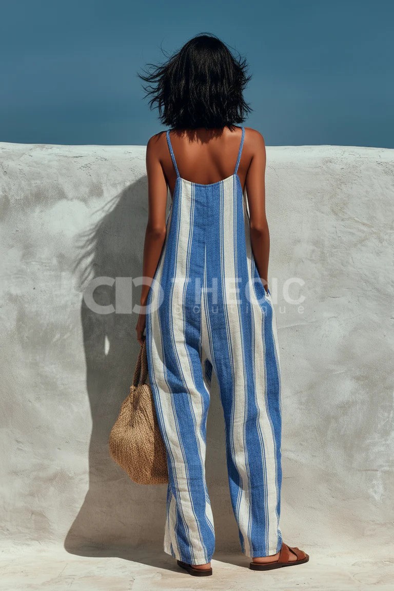 Loose-Fit Striped Spaghetti-Strap Wide-Leg Jumpsuit