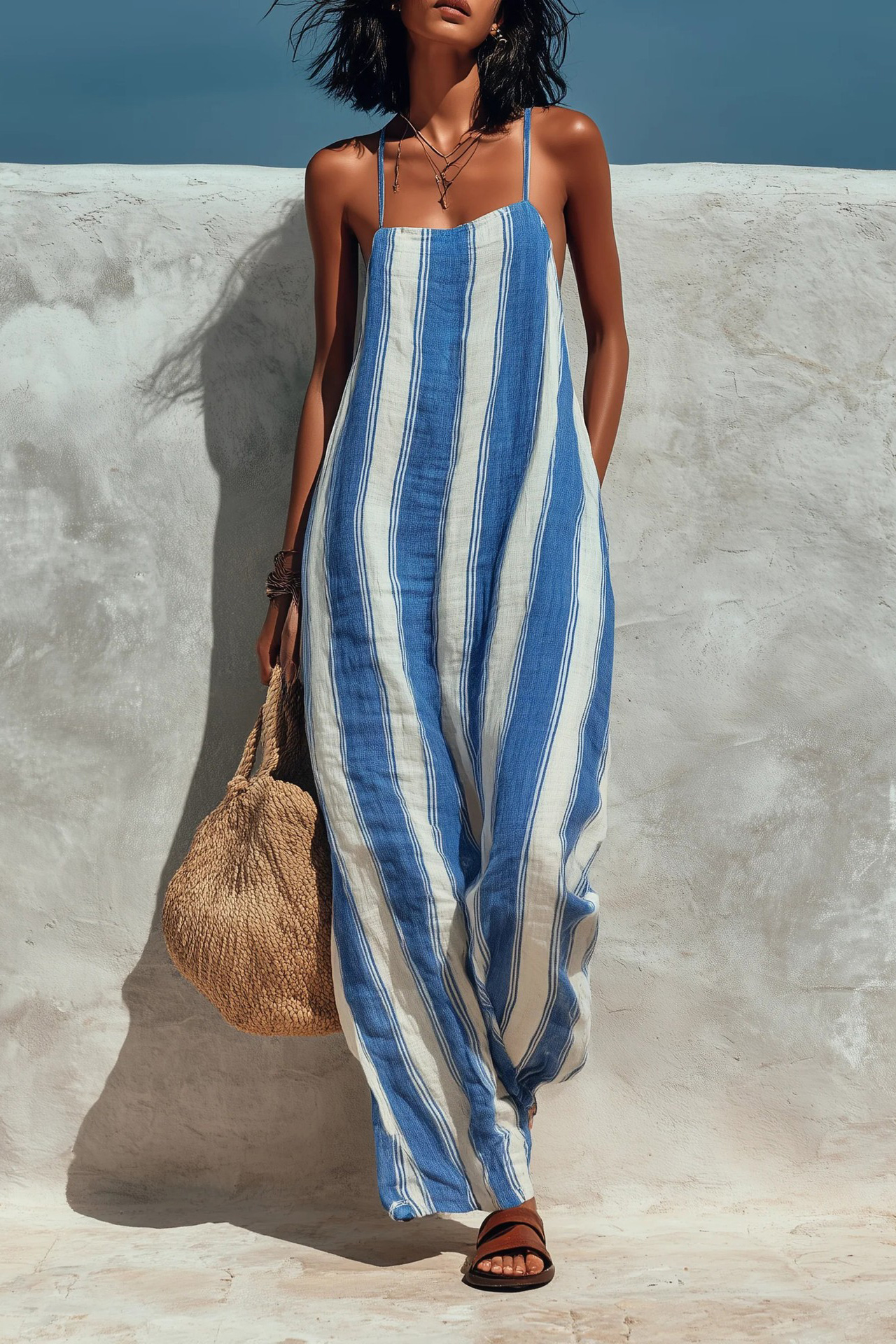 Loose-Fit Striped Spaghetti-Strap Wide-Leg Jumpsuit