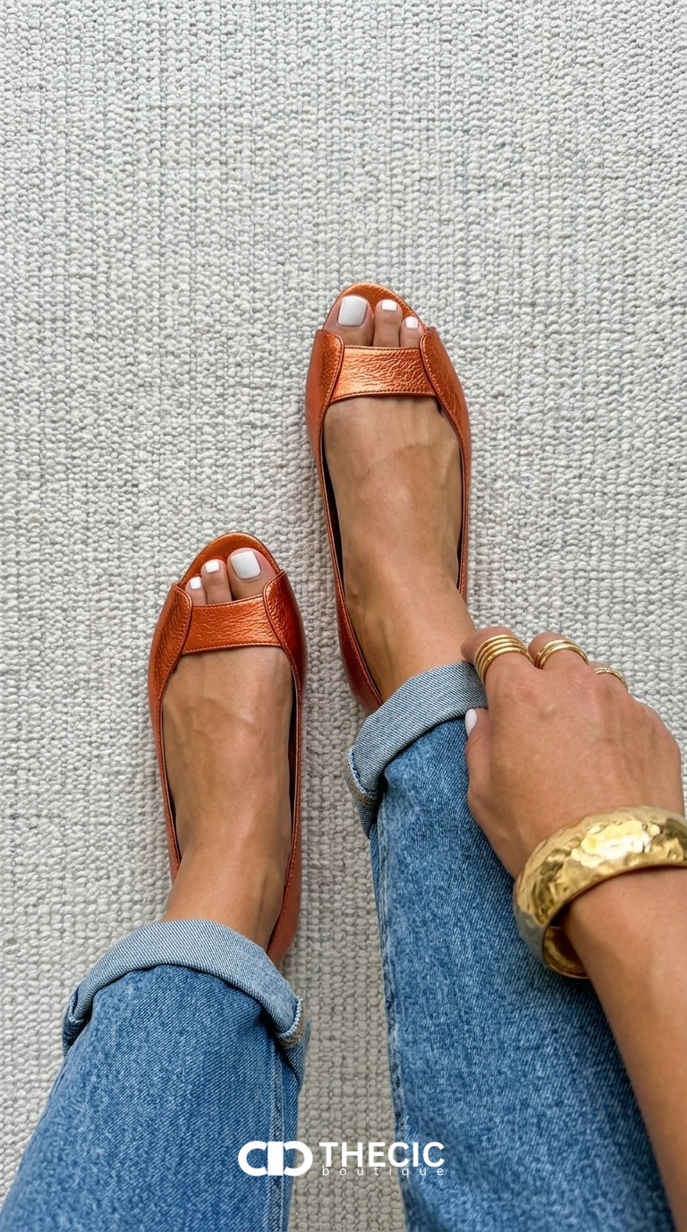 Metallic Banded Peep-Toe Slip-On Flats