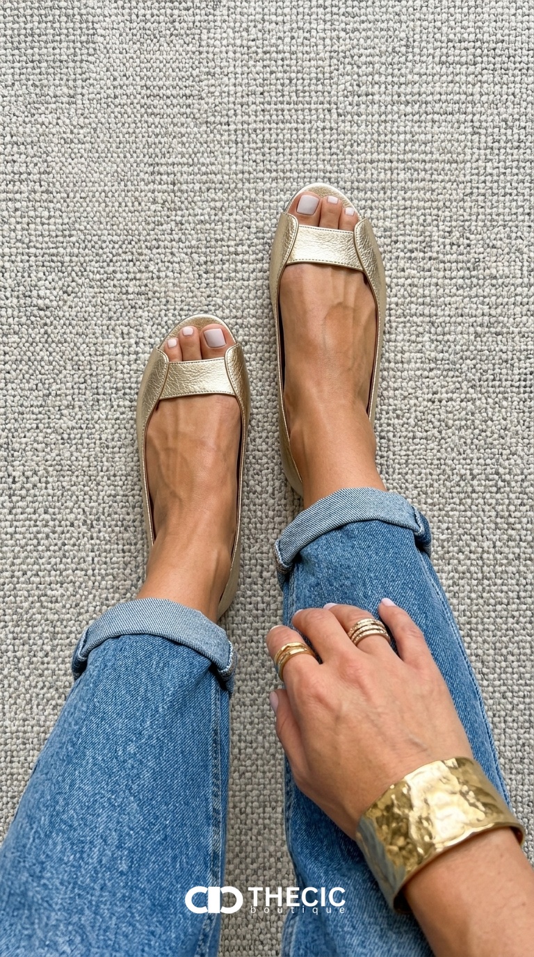 Metallic Banded Peep-Toe Slip-On Flats