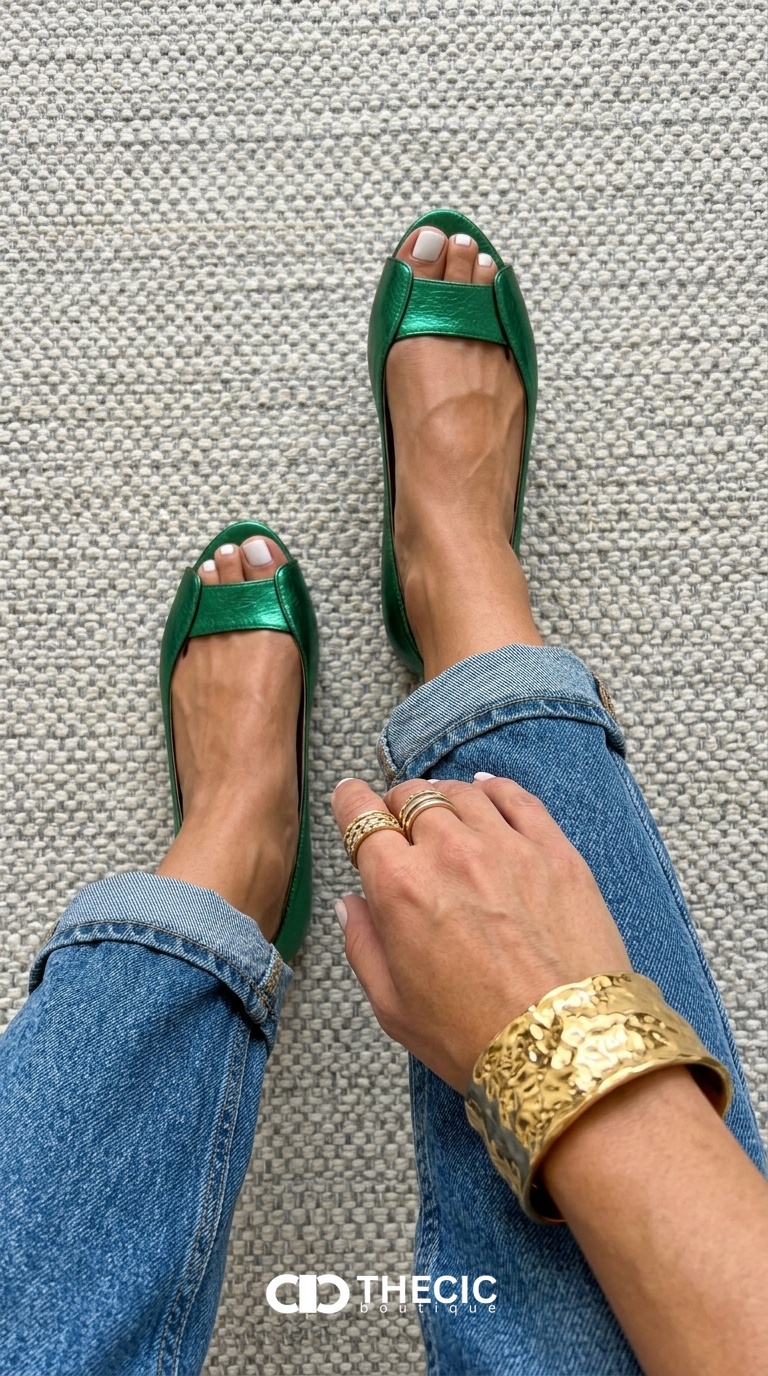 Summer Flats | Metallic Peep-Toe Banded Slip-On Flats | Vacation & Brunch Outfit