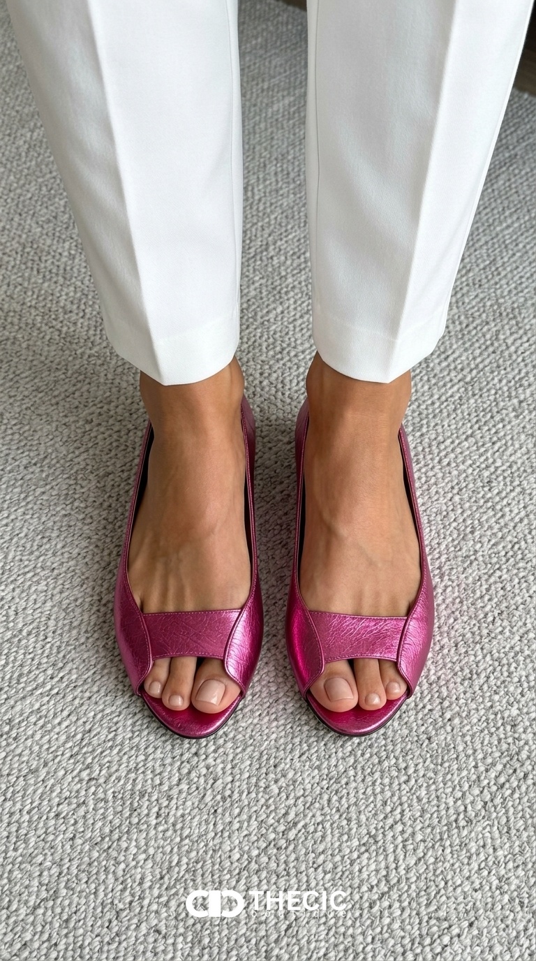 Metallic Banded Peep-Toe Slip-On Flats