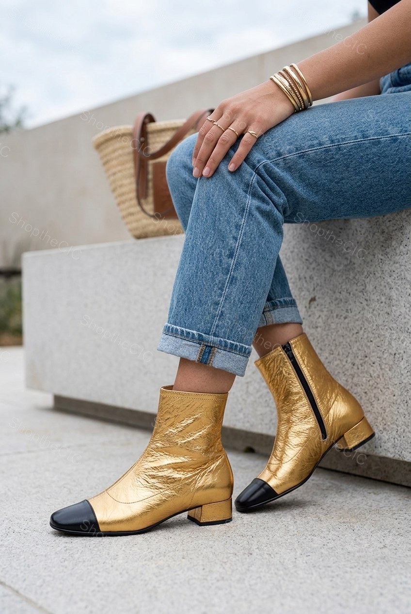 Metallic Cap-Toe Low Block Heel Ankle Boots