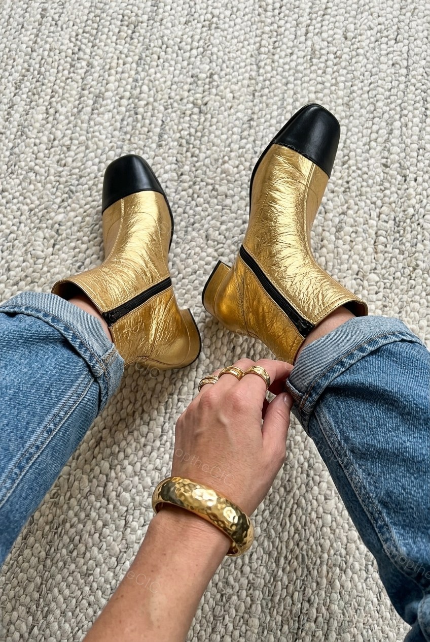 Metallic Cap-Toe Low Block Heel Ankle Boots