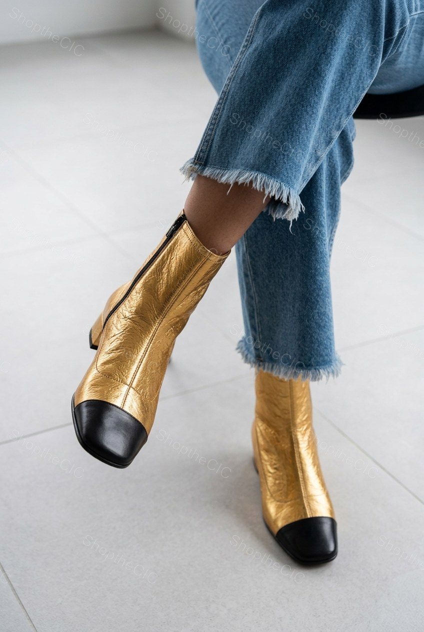 Metallic Cap-Toe Low Block Heel Ankle Boots