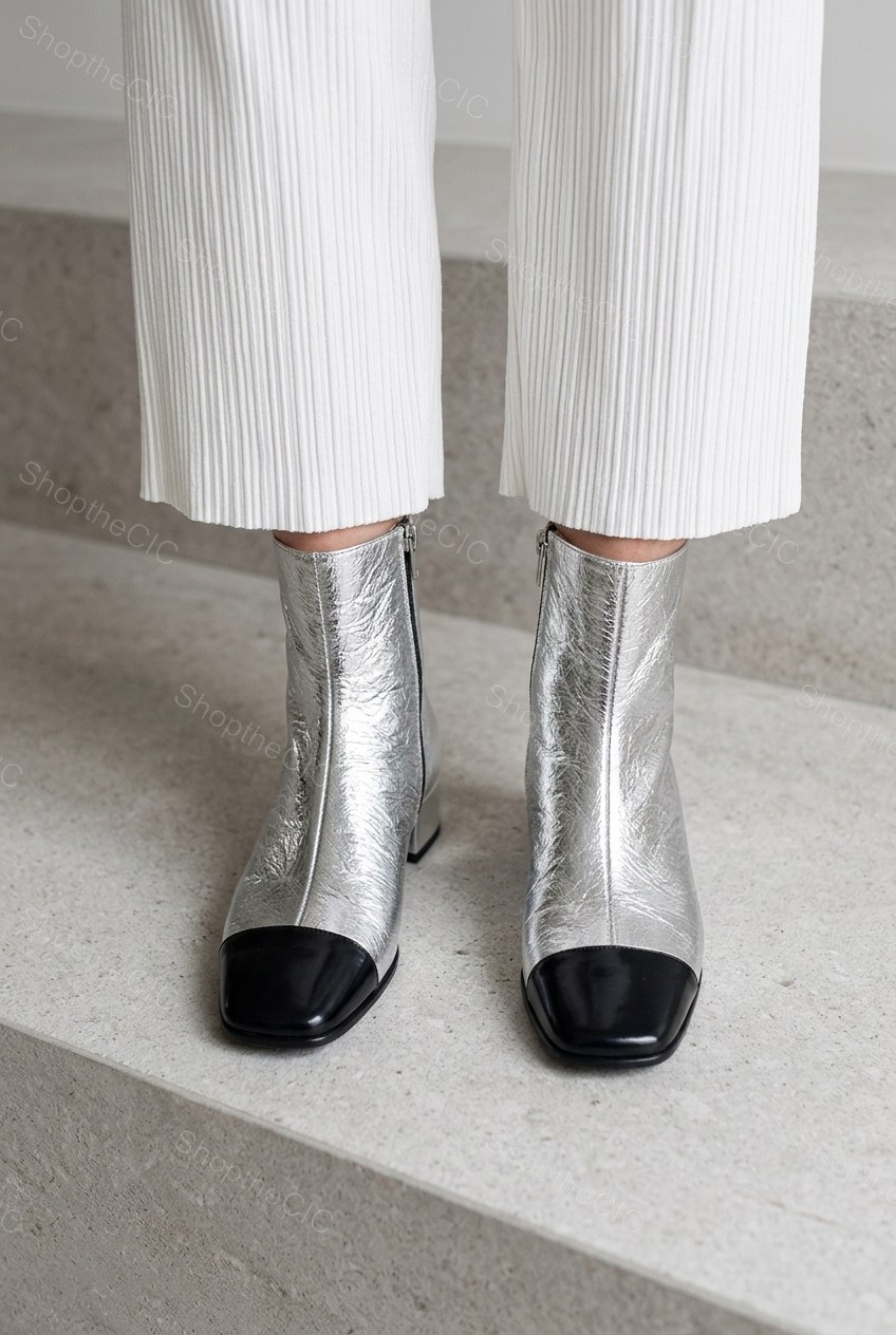 Metallic Cap-Toe Low Block Heel Ankle Boots