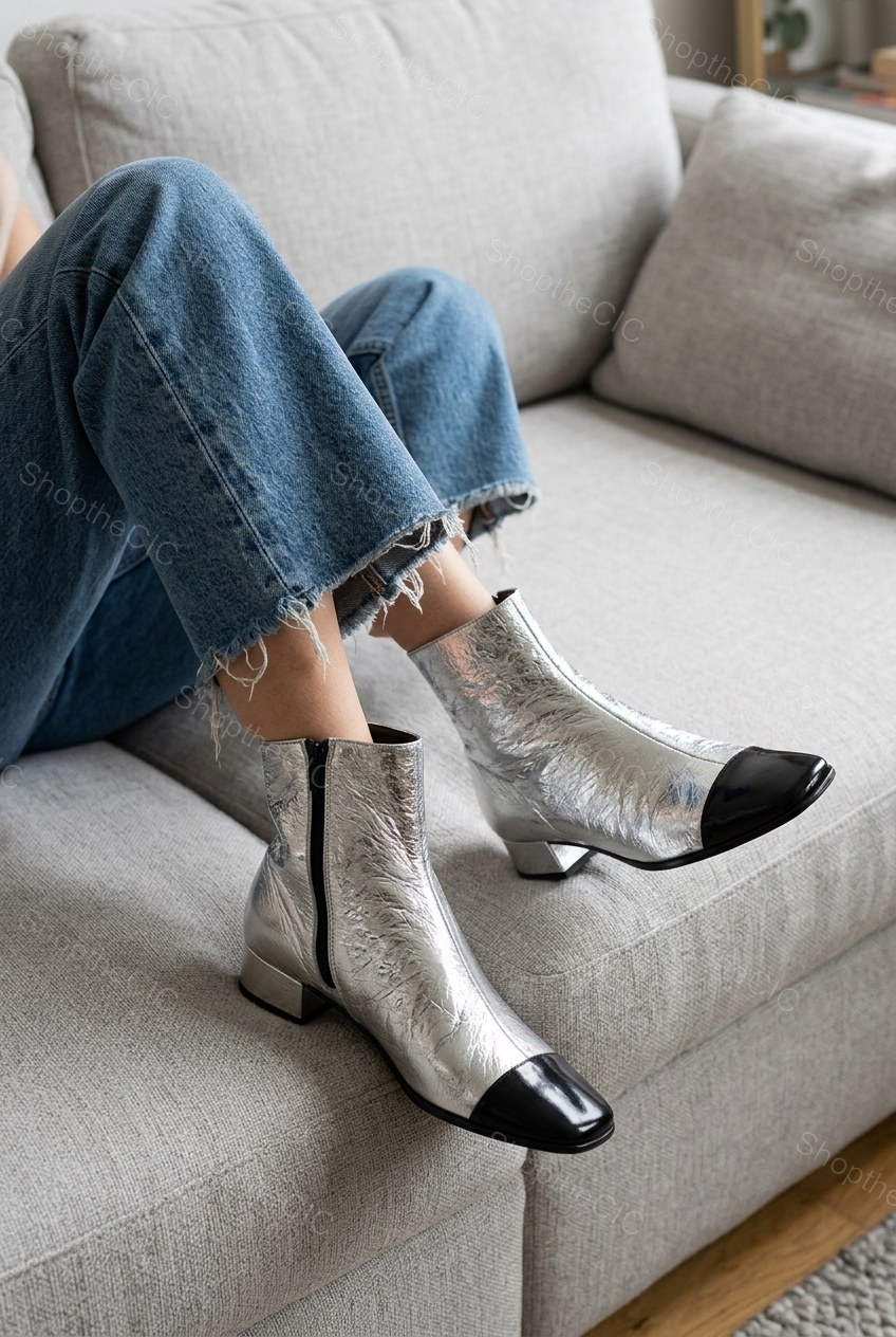 Metallic Cap-Toe Low Block Heel Ankle Boots
