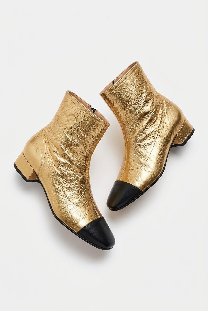 Metallic Cap-Toe Low Block Heel Ankle Boots