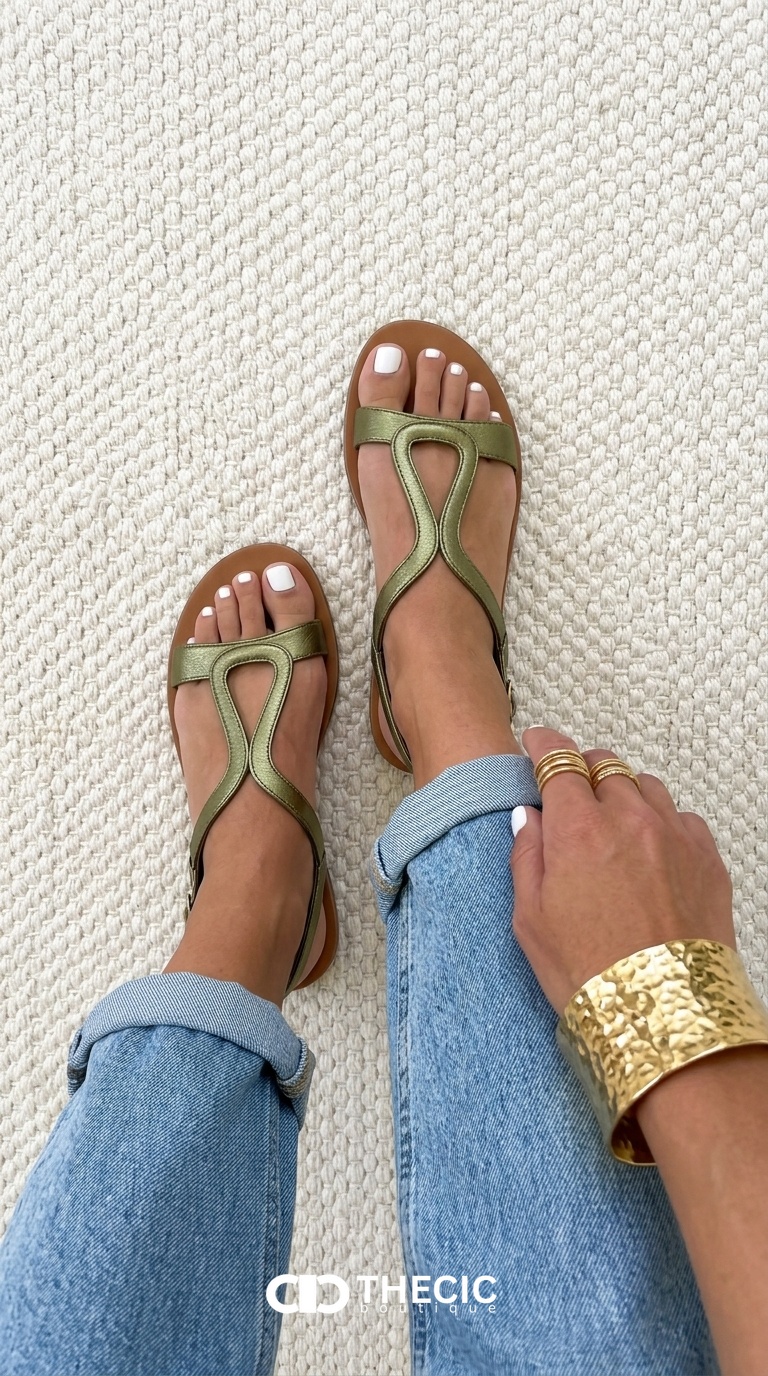 Metallic Geometric T-Strap Flat Sandals