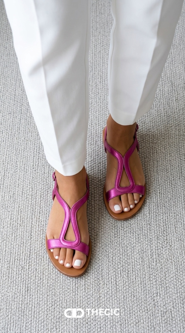 Metallic Geometric T-Strap Flat Sandals