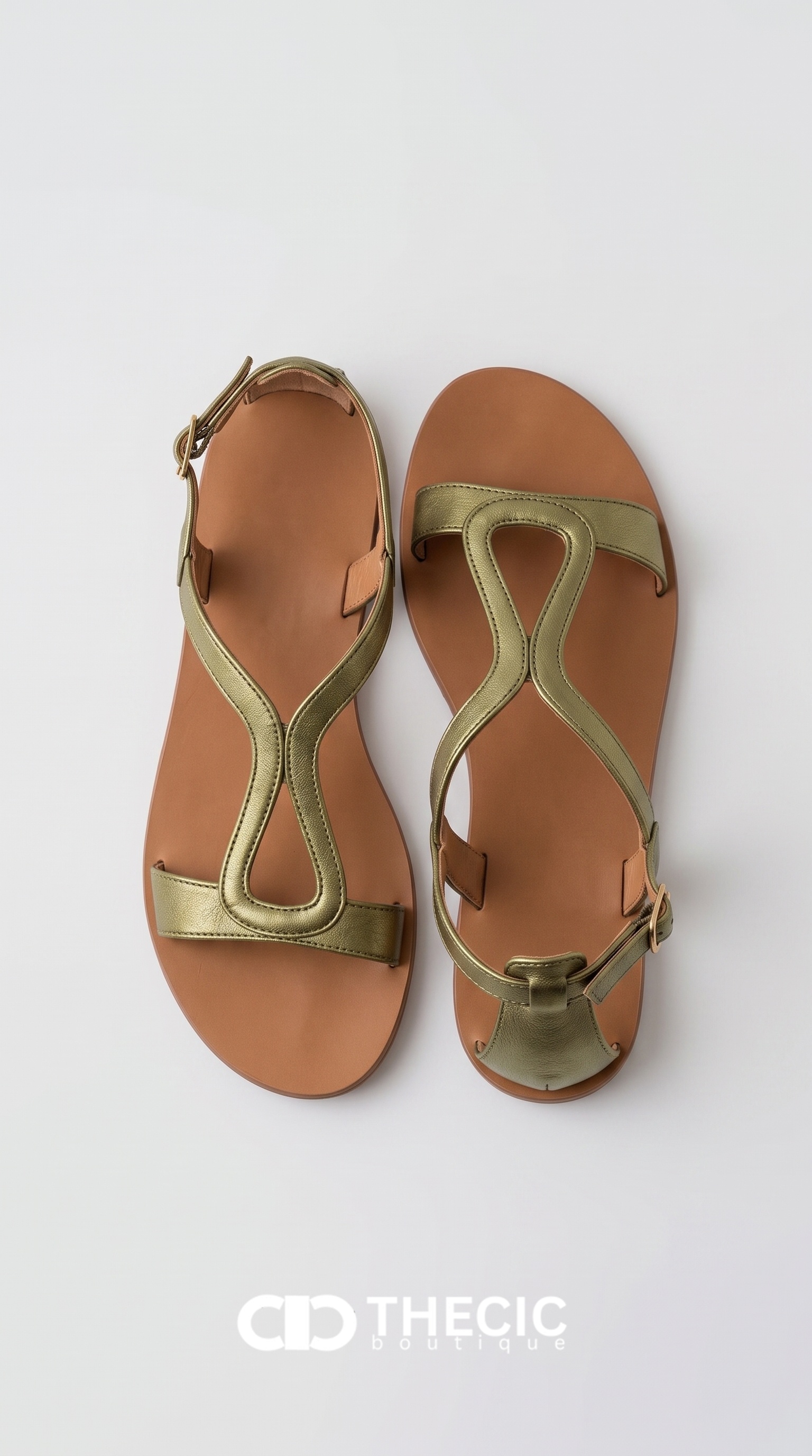 Metallic Geometric T-Strap Flat Sandals