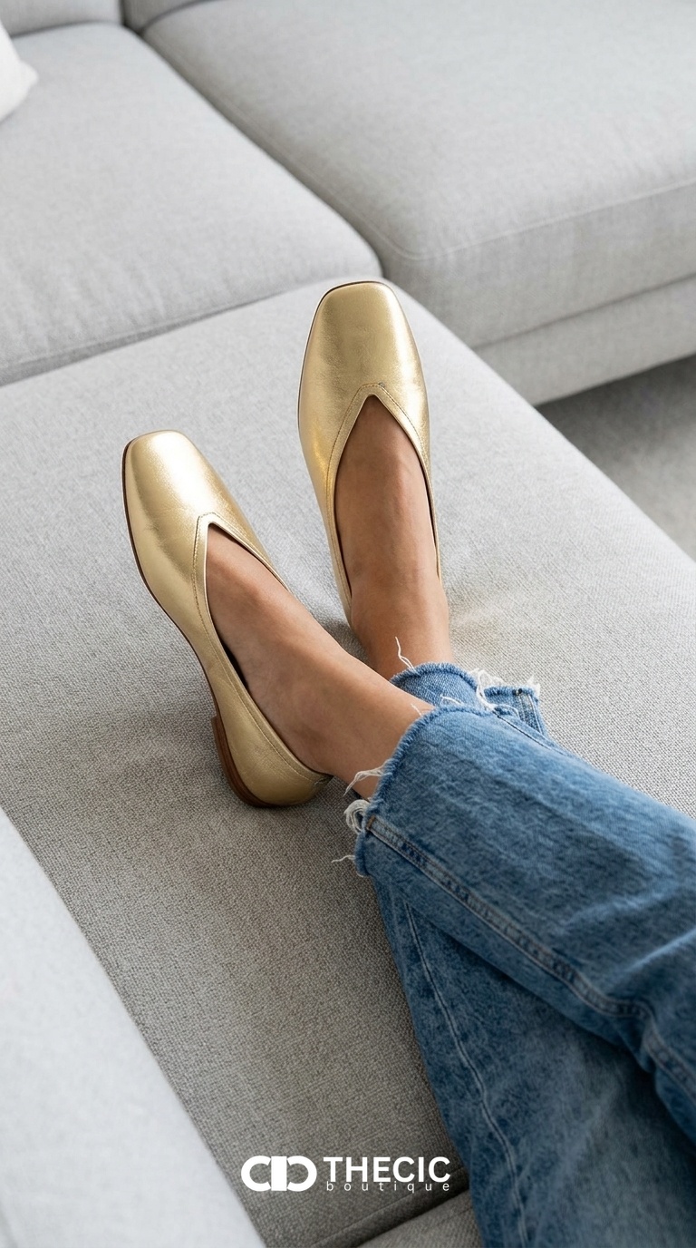 Metallic Leather Square-Toe V-Cut Ballet Flats