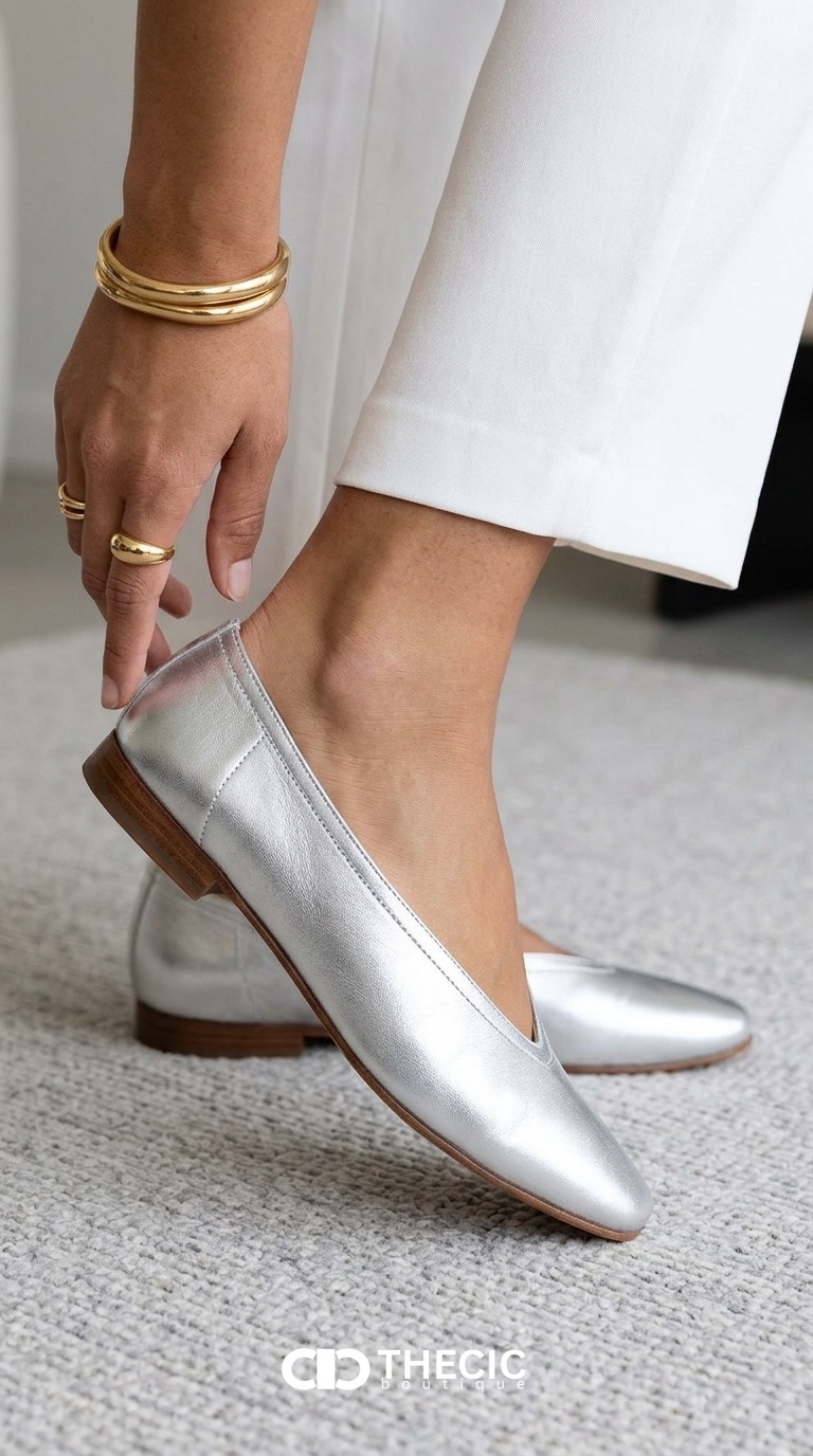 Metallic Leather Square-Toe V-Cut Ballet Flats