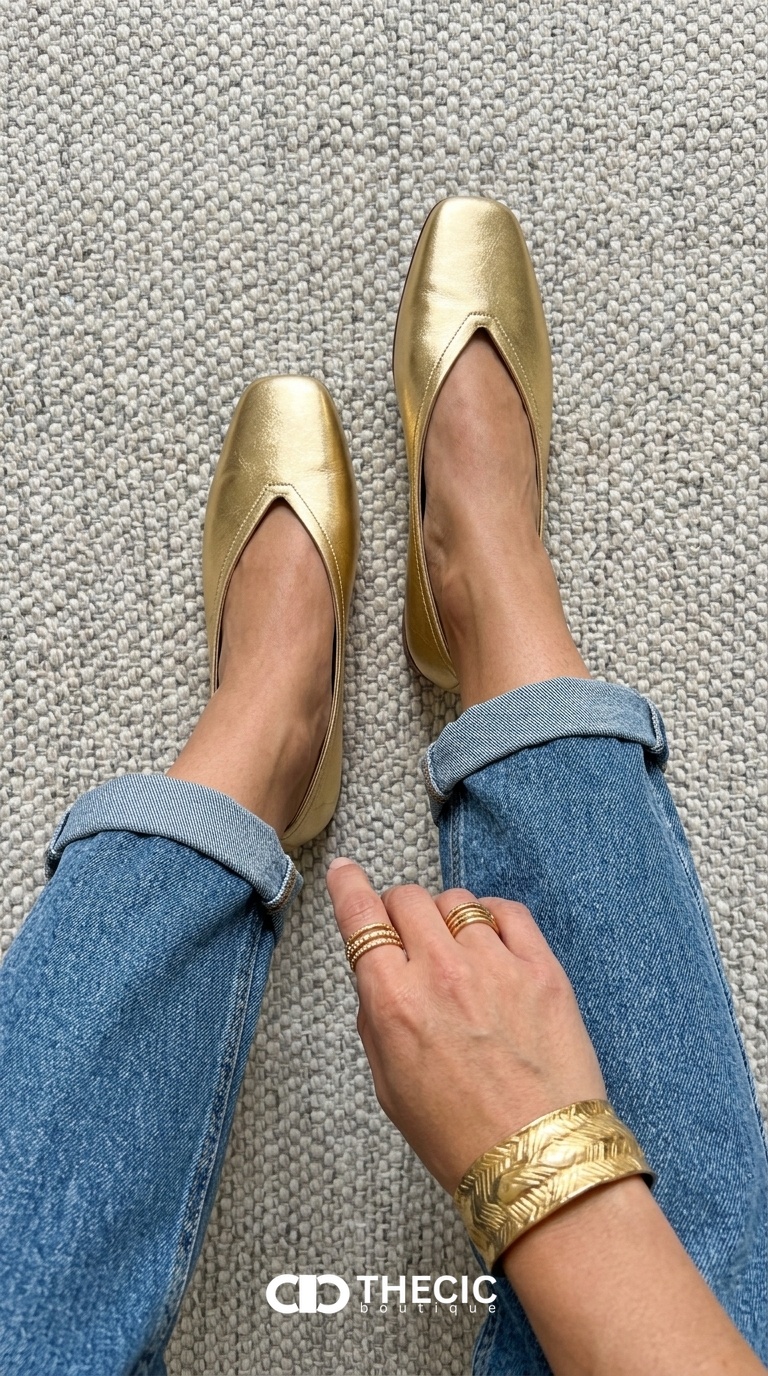 Metallic Leather Square-Toe V-Cut Ballet Flats