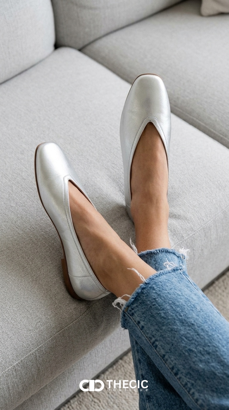 Metallic Leather Square-Toe V-Cut Ballet Flats