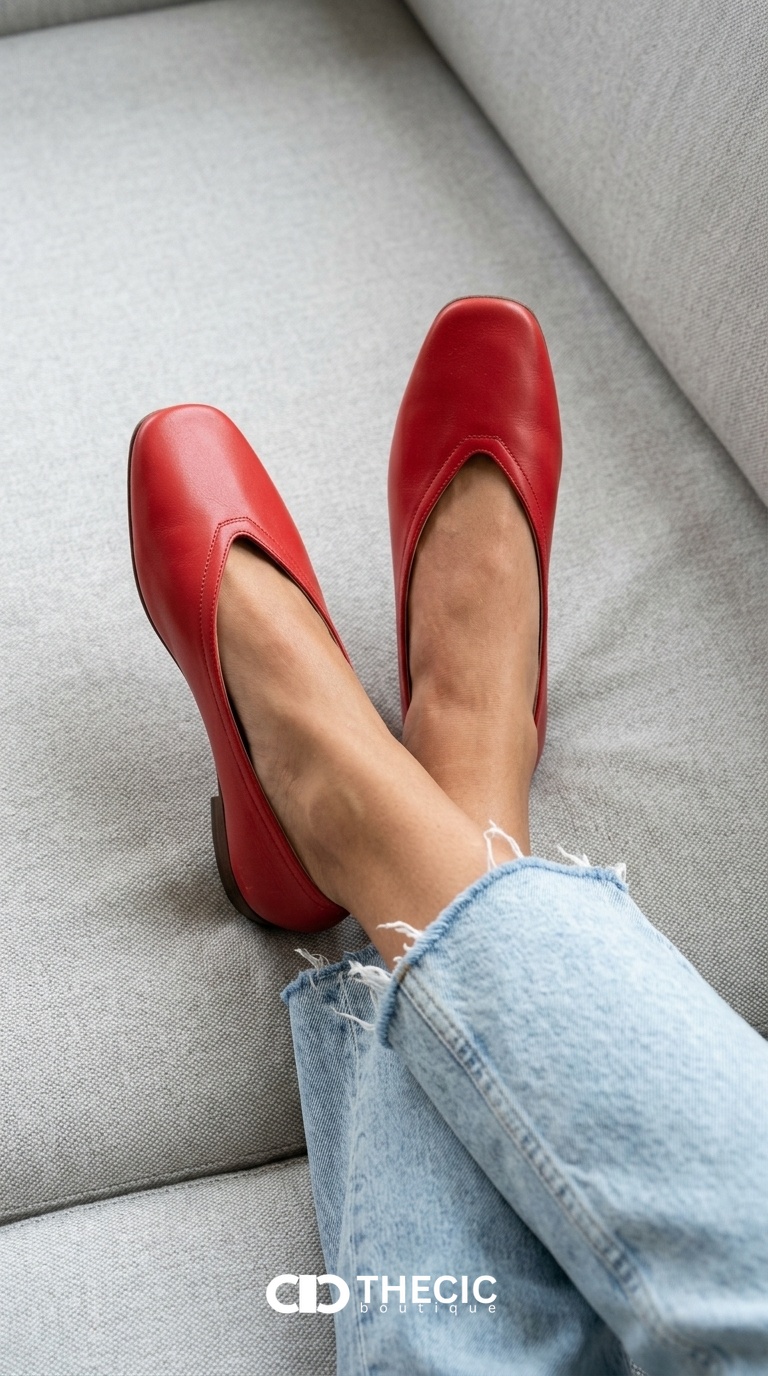 Metallic Leather Square-Toe V-Cut Ballet Flats