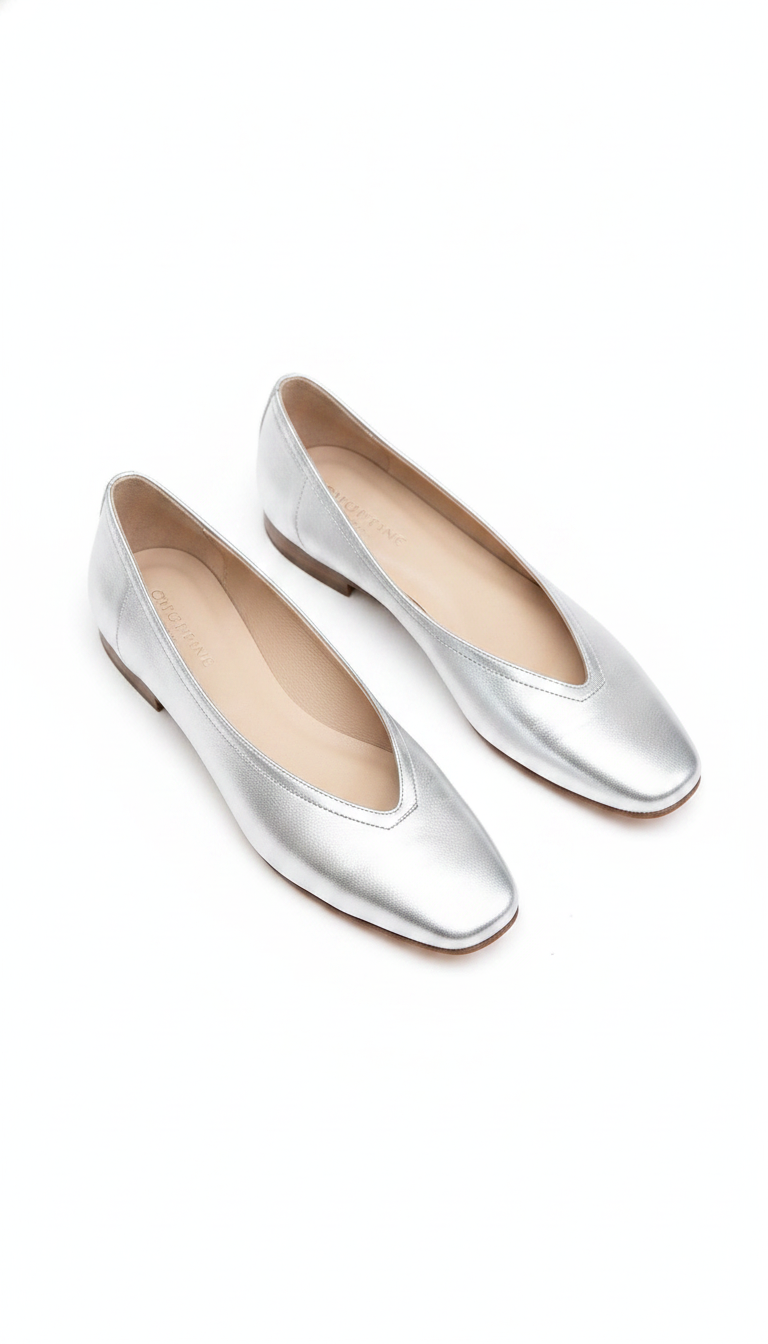 Metallic Leather Square-Toe V-Cut Ballet Flats