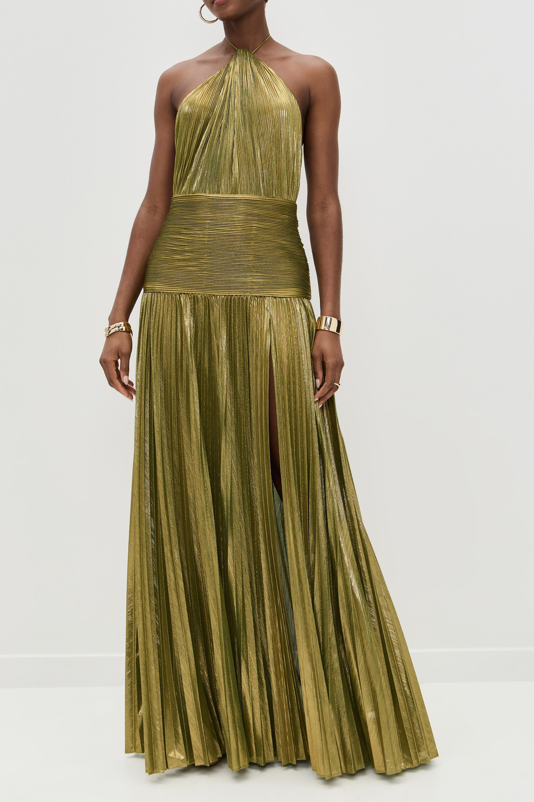 Metallic Pleated Halter Maxi Slit Gown