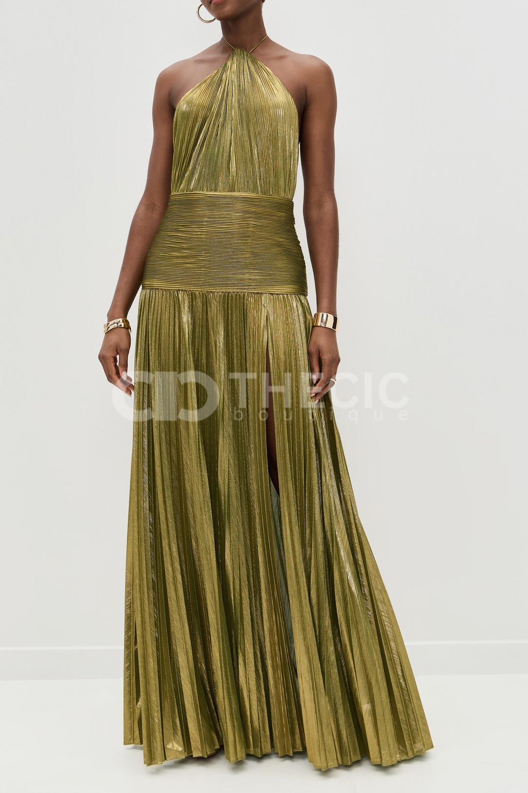 Metallic Pleated Halter Maxi Slit Gown