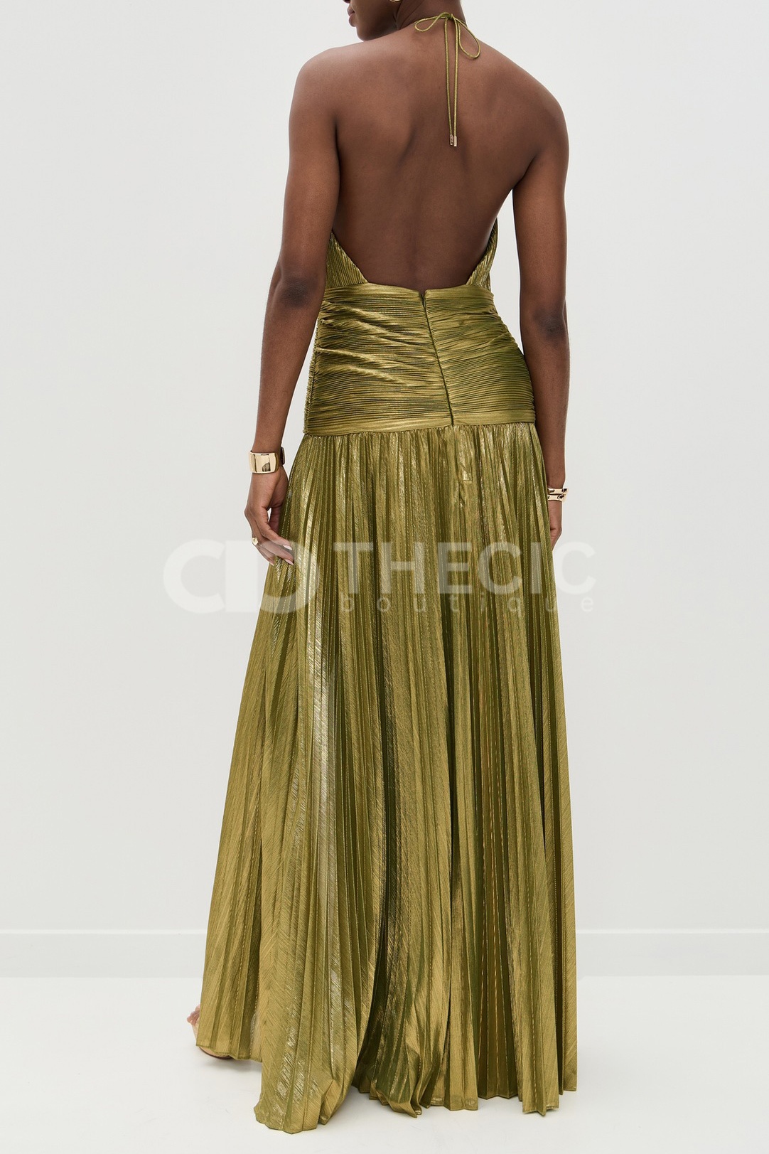Metallic Pleated Halter Maxi Slit Gown