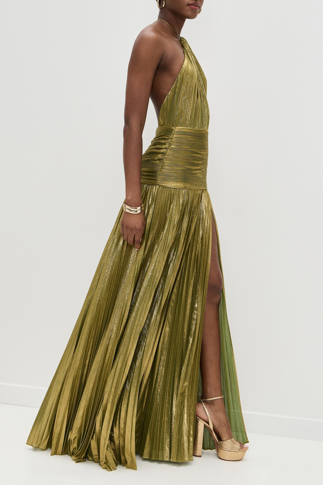 Metallic Pleated Halter Maxi Slit Gown